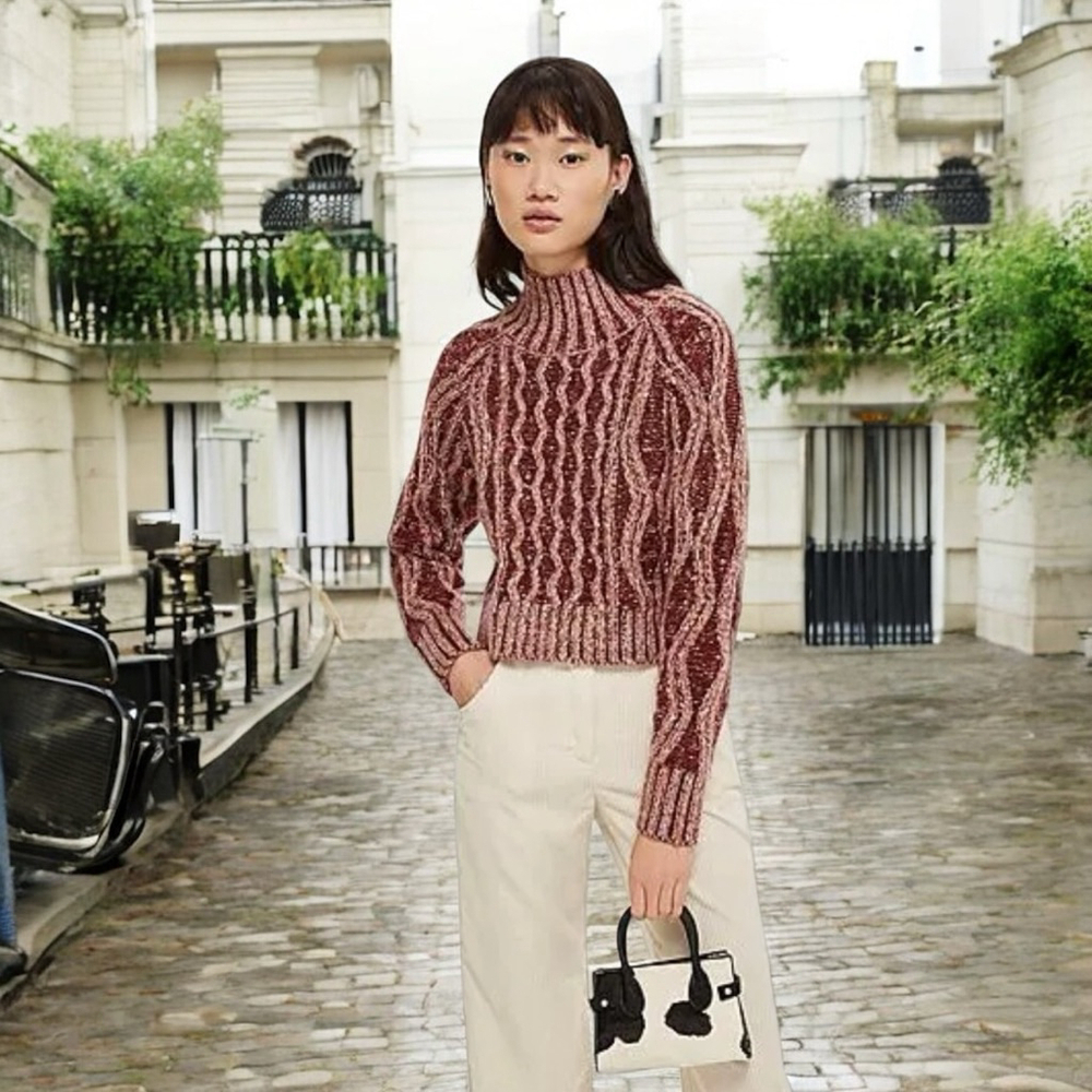Topshop Tweed Pleated Cable Sweater Jumper Size Small